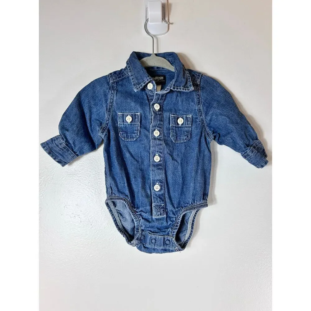 OSHKOSH B’GOSH Boy’s Denim Button Down Long Sleeve Bodysuit / Size: 6 Months